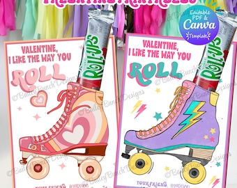 Roller Skate Valentine Card Printable Classroom Party Favor Digital Download Instant Template Unique Editable Design Retro Skating