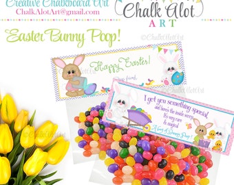 May include: A bag of colorful jelly beans with a pink and purple Easter bunny favor tag that reads "I got you something special, and here's the inside scoop. It's very rare & magical. A bag of Bunny Poop!"