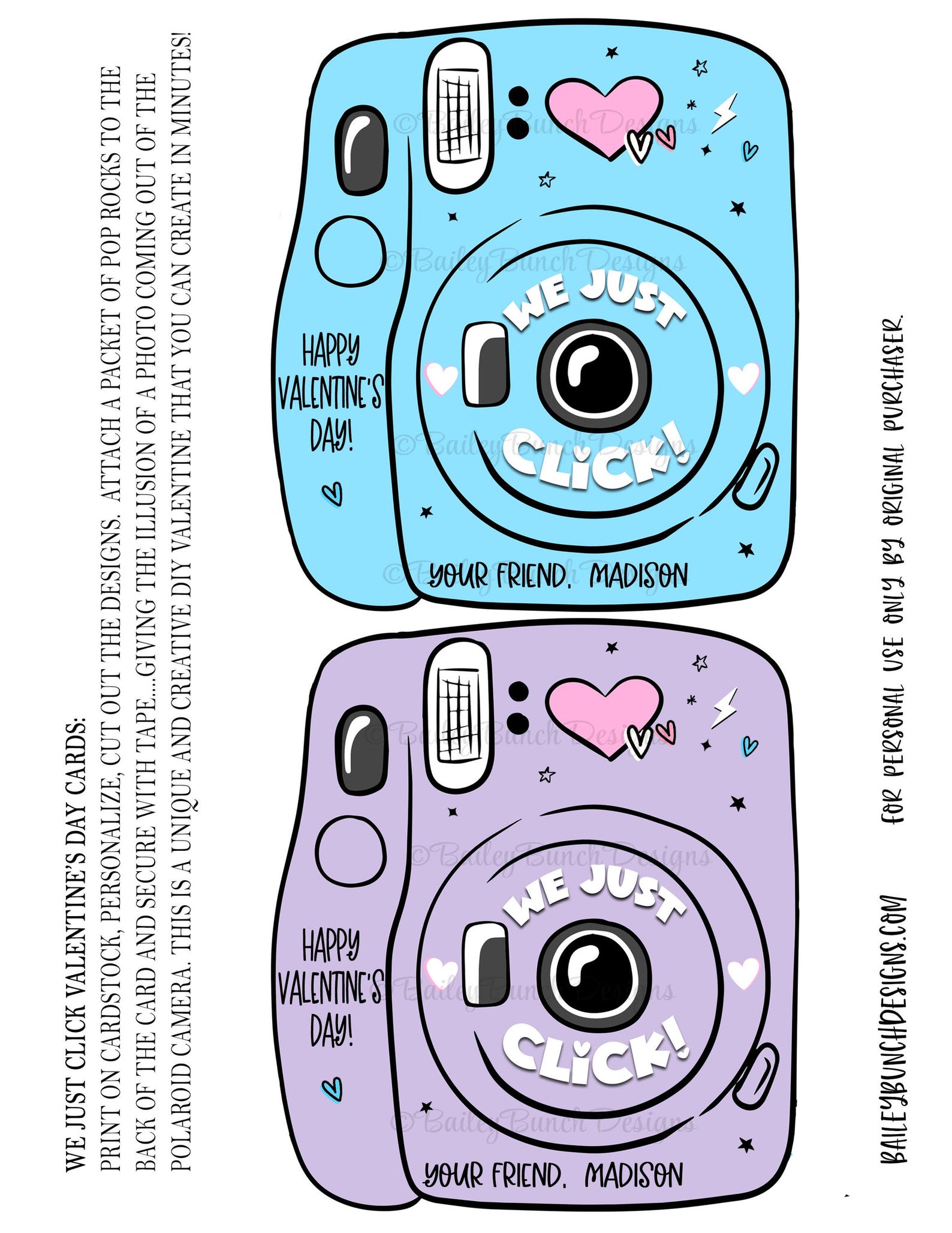 Camera Valentine Template Printable Download Instant Camera Card Design ...