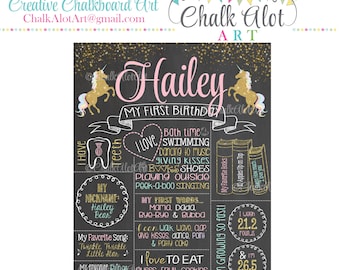 Unicorn First Birthday Chalkboard: Rainbow Milestone (Digital File or Print)