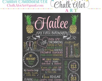 Pineapple First Birthday Chalkboard Poster: Luau Summer Theme (Digital File or Print)