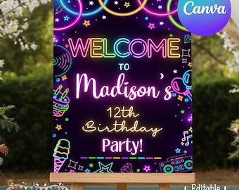 Neon Birthday Sign Template Digital Welcome Poster Editable Party Decoration Glow Theme Entrance Printable Canva Lets GLOW Crazy Banner