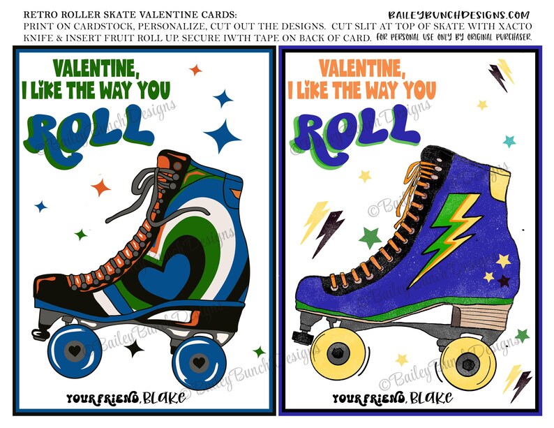 Retro Roller Skate Valentine Printable Cards, Kid's Classroom ...