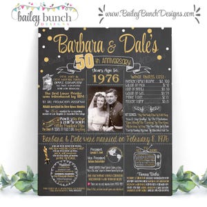 May include: A chalkboard-style anniversary sign for Barbara and Dale's 50th wedding anniversary. The sign includes the couple's photo, facts from 1976, and a list of hit songs, famous births, and TV shows. The sign is decorated with gold accents.