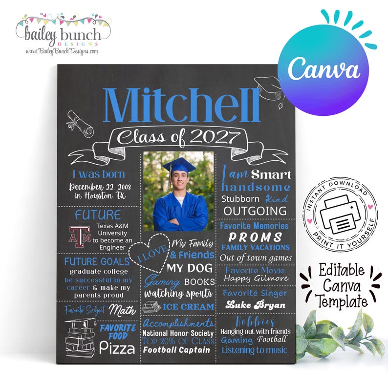 May include: A black chalkboard-style graduation poster featuring blue and white text and graphics. It includes a central photo of a graduate in a blue cap and gown, with sections detailing birth date, future goals, favorite memories, and hobbies.