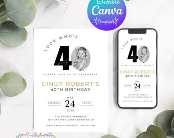 40th Birthday Photo Invitation: Minimalist Canva Template Forty It’s a Surprise (Digital Download)