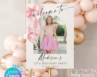 Pink Bow Birthday Welcome Sign: Tween Girl Party Decor (Digital Canva Template)