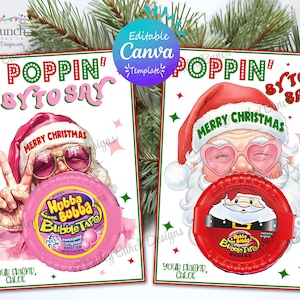 May include: Christmas-themed gift tags featuring Santa Claus with sunglasses holding Hubba Bubba Bubble Tape. The tags have the text "Poppin' By To Say Merry Christmas" and "Your Friend, Chloe."