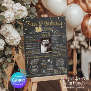 Cartel de aniversario editable para el 50.º aniversario de bodas, foto nostálgica de 1975, póster de pizarra de 16 x 20 cm, la mejor plantilla de Canva para regalo de aniversario.