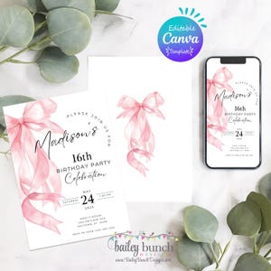 Pink Bow Sweet Sixteen Invitation: Editable Bday Party Canva Template Pink Bow Coquette Aesthetic (5x7, Digital)