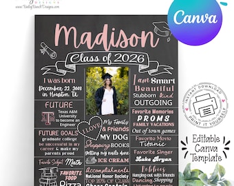 Graduation Chalkboard Poster: Class of 2026, Senior, Graduation Party Sign, Collage, Canva Template (Canva Editable)