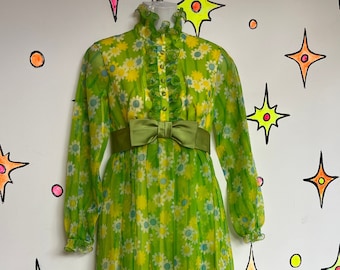 Vintage 1960s 60s | Green Groovy Boho Hippie Flower Power Mod Maxi Dress | XS