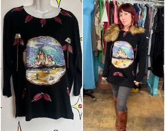 Vintage 1980s | Oversized Black Embellished Punk Western Boho T Shirt | Size S