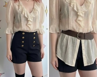 Blusa estilo babydoll romántica de secretaria color marfil con volantes, estilo eduardiano vintage, talla XL.