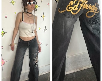Ed Hardy Low Rise Wide Leg Jeans Tattoo Print Embellished Distressed Denim S