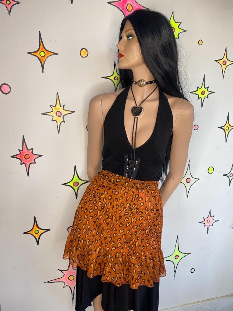 Y2K oranje minirok met hartjesprint | Urban Outfitters-rok Fairy Grunge met ruches S afbeelding 4
