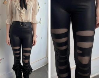 Y2K Schwarze Vegan Lederhose Thrashed Cyber Goth Punk High Rise Glam Leggings S