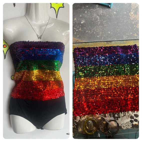 Vintage | Rainbow Disco Sequin Stretchy Tube Top … - image 2