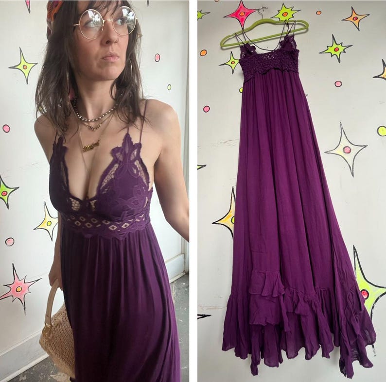 Free People Purple Lace Crochet Dress Boho Pirate Fairy Grunge Cottagecore - S image 1