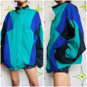 Vintage 80s 90s Sporty Colorblock Windbreaker – Purple, Green, Black – XL