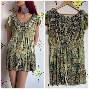 green ed hardy dress Y2K Moss Tattoo Print Inspired Mall Goth Tunic Mini | M/L tables upto 50