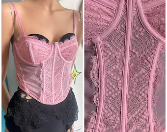 Corsé bustier de encaje rosa Y2K, estilo hada, romántico, coqueto, rococó, kawaii, talla XL