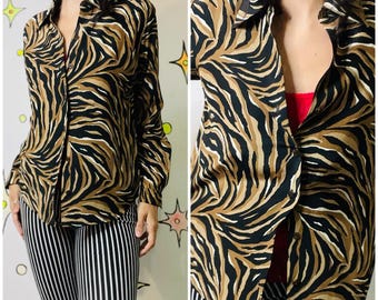 90s Liz Claiborne Silk Animal Print Tiger Stripe Long Sleeve Glam Blouse - Small