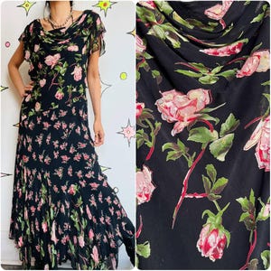Vestido largo vintage de los años 90 con estampado floral, estilo gótico, estilo hada grunge, estilo Y2K, color negro, talla L