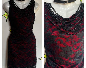 Vintage 90s Y2K | Black Red Lace Fairy Grunge Goth Cowl Neck Slip Dress | L