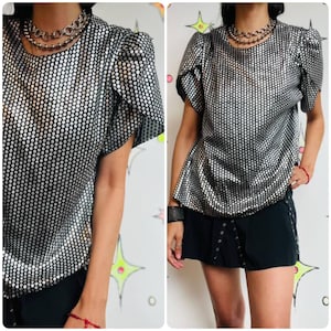 80s Metallic Silver Asymmetrical Disco Blouse – Shimmer Statement Top – S