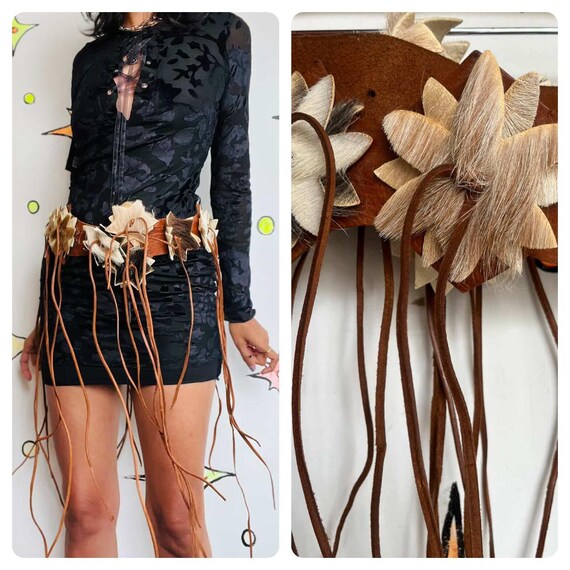 Vintage Brown Leather & Cowhide Fringe Belt W Star Patches  display picture 3