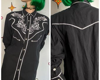 Men’s Black Embroidered Western Shirt Goth Cowboy Grunge Button Down L