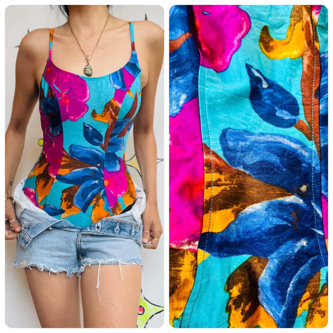 ワンピース 70s vintage Hawaiian one-piece Vintage 70s/80s One-piece Swimsuit - Rainbow Floral Hawaiian Print