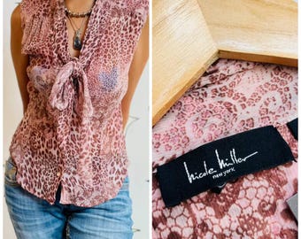 Vintage Nicole Miller Silk Pink Sheer Bow Neck Top | Leopard Print Fairy Grunge