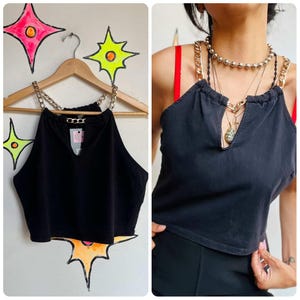 Y2K Black Halter Crop Top w Gold Chain Choker – Glam Fairy Goth – XL