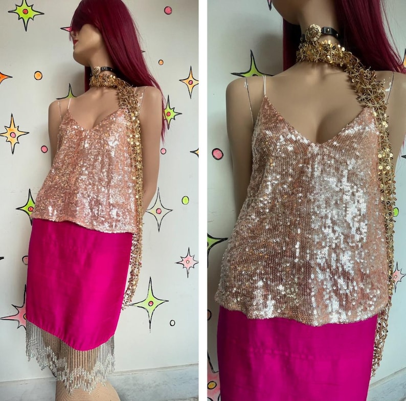 Vintage 90s Free People Sparkly Iridescent Fully Beaded Sequin Fairy Cami Top M image 1
