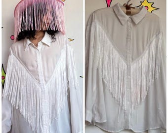 Chemise western blanche à franges | Chemise boutonnée à franges style cowboy/rodéo, taille XL