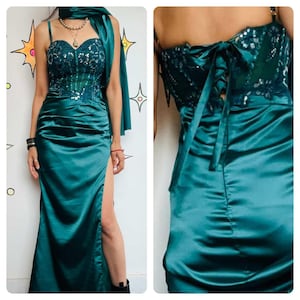 Y2K Teal Mermaid Formal Gown - Adjustable Corset Back Silky Prom Dress Sz 3/4