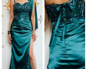 Y2K Teal Mermaid Formal Gown - Adjustable Corset Back Silky Prom Dress Sz 3/4