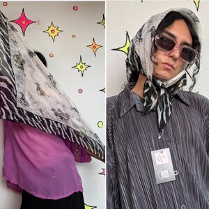 Vintage Zebra Print Sheer Silk Chiffon Scarf 60s 70s Mod Animal Print Square Scarf