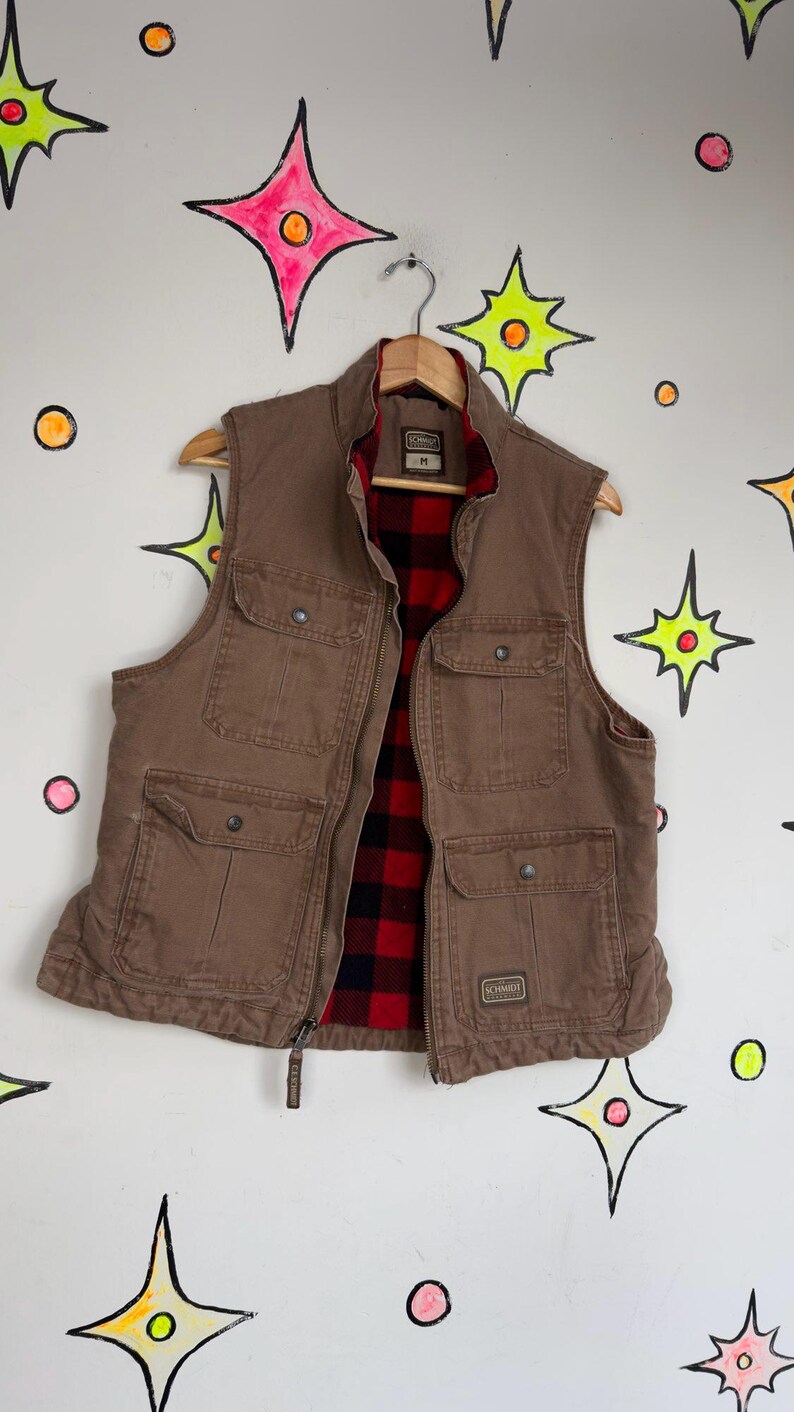 Vintage 90s Y2K Plaid Lined Khaki Lumberjack Vest Workwear Utility Gorpcore - M image 5