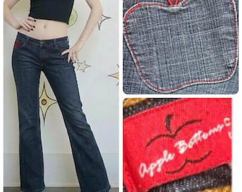 Y2K-jeans med äppelbotten i mörk tvättad denim med låg midja, McBling, storlek 8
