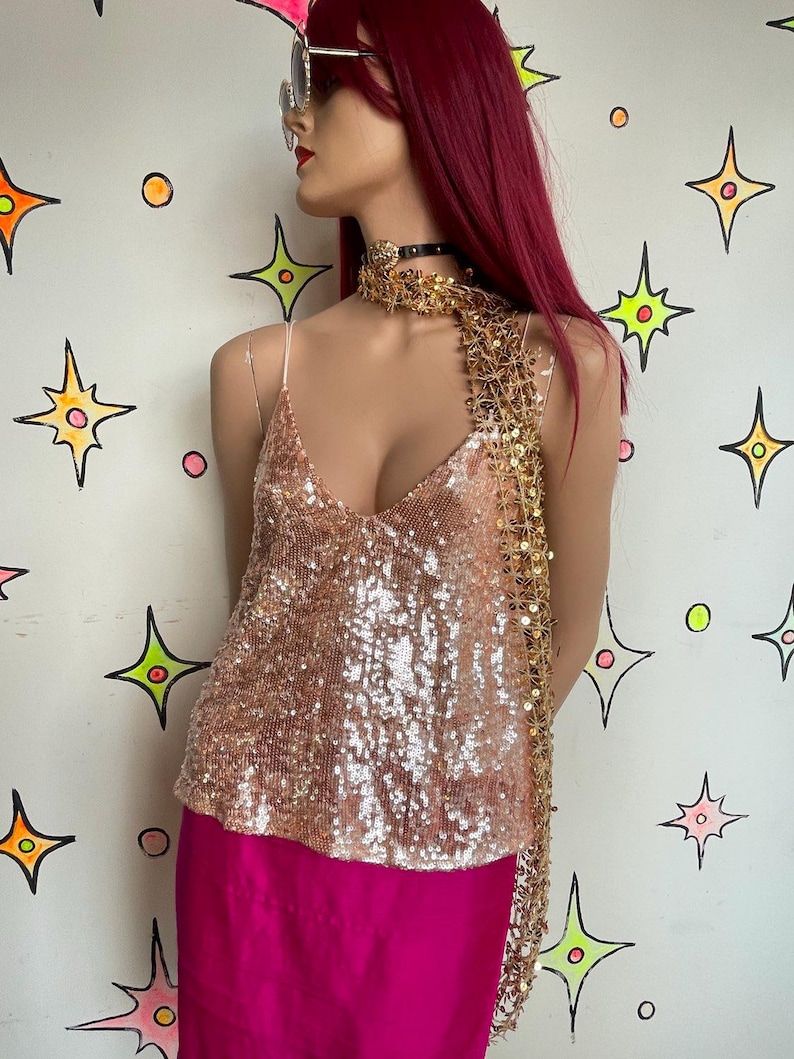 Vintage 90s Free People Sparkly Iridescent Fully Beaded Sequin Fairy Cami Top M image 2