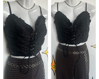 Coquette Tank Top Y2K Fairy Grunge Corset Lace Up Earthtone Ruffle Top