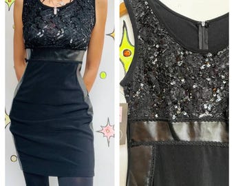 Jahrgang Y2K | Schwarz Sparkle Perlen Mini Little Black Party Kleid | Größe S - M