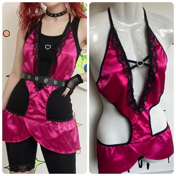 Vintage Y2K | Hot Pink & Black Sexy Satin Goth Punk Teddy Lingerie | One  Size