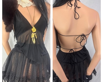 Y2K Black Strappy Halter Handkerchief Top Open Back Fairy Goth - M