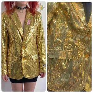 May include: A gold sequin blazer with a classic notched lapel, two front pockets, and a two-button closure. The jacket is covered in shimmering gold sequins, creating a dazzling effect. The blazer is a statement piece, perfect for special occasions.