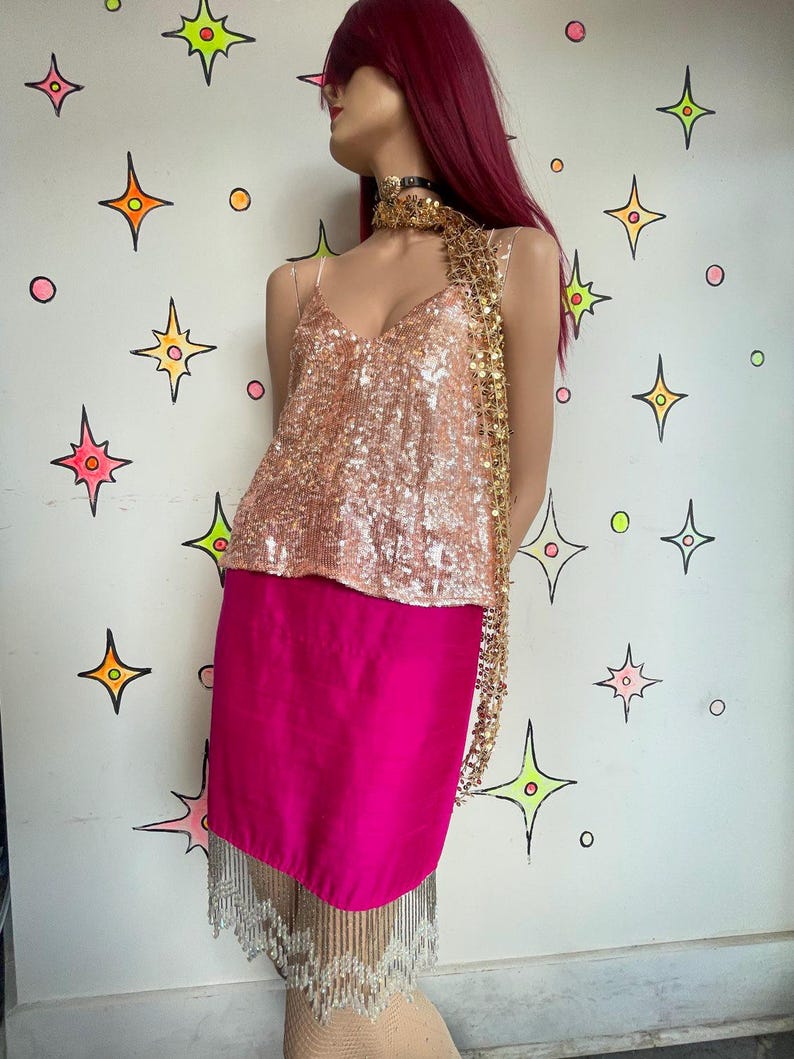 Vintage 90s Free People Sparkly Iridescent Fully Beaded Sequin Fairy Cami Top M image 3