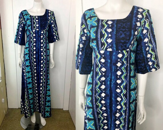 Vintage 60s Mod Cotton Barkcloth Hawaiian Blue Op